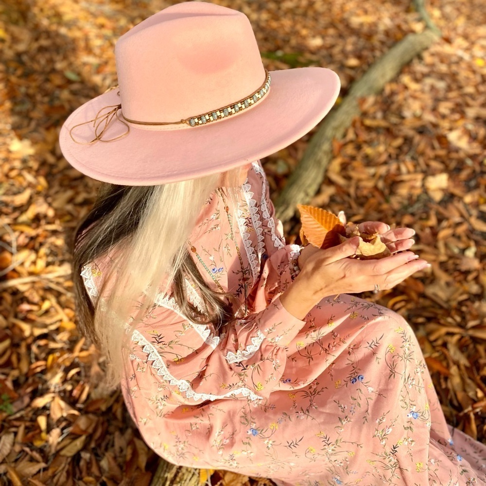 Elegant Pink Wide-Brim Hat with Beaded Band
